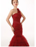 One Shoulder Burgundy Pleated Tulle Celebrity Wedding Dress